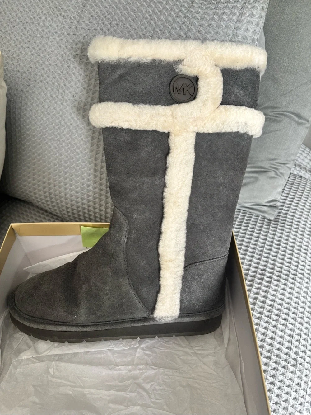 Michael Kors Gray Suede Winter Boots with Cream Shearling Trim